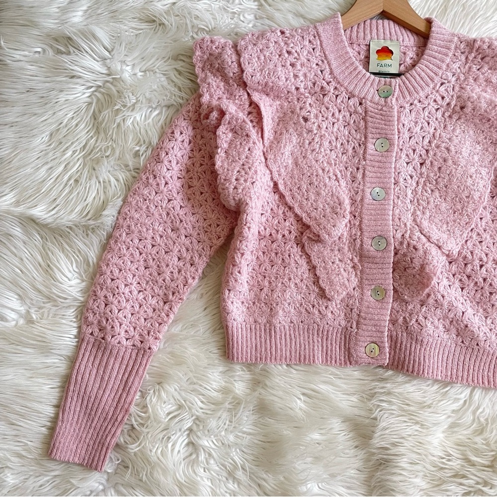 Farm Rio Pink Flower Texture Crochet Knit Ruffle Cardigan Sweater NWT Small - Picture 11 of 16